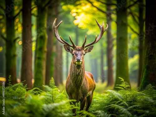 Majestic deer standing gracefully in a serene forest surrounded by lush greenery and tall trees