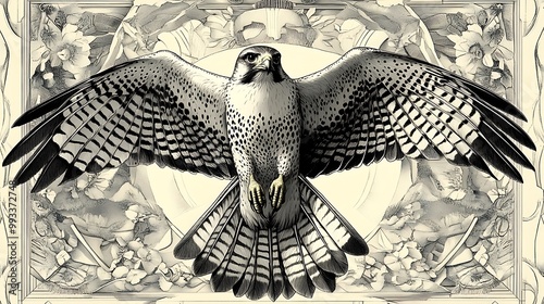 A powerful falcon with wings fully extended, soaring above a background filled with geometric shapes and lines. The falcon’s sleek form and detailed feathers stand out against the sharp, photo