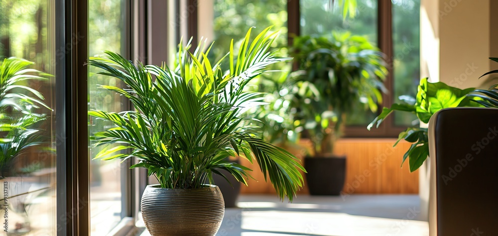 Lush green indoor plants near large windows in a bright and airy space. Lush green indoor plants near large windows in a bright and airy space.