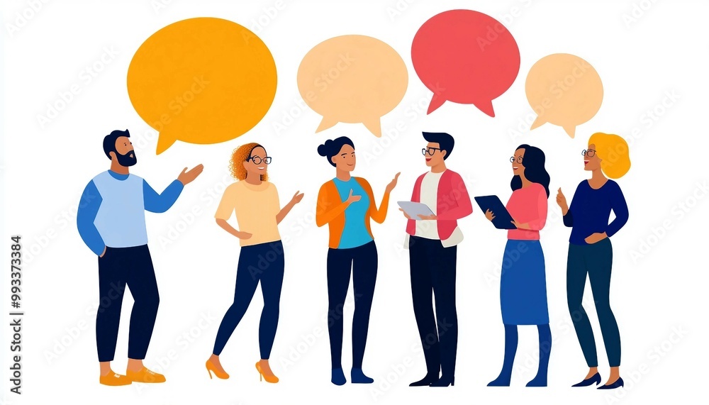 a diverse group of people standing and engaging in a community discussion. with speech bubbles floating above their heads. Inclusive communication, Collaborative ideas.
a diverse group of people standing and engaging in a community discussion. with speech bubbles floating above their heads. Inclusive communication, Collaborative ideas.