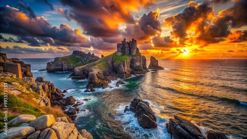 Majestic Dragonstone Landscape in Spain with Dramatic Sky and Unique Rock Formations at Sunset photo