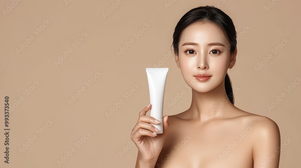 Young woman showcasing a white cream tube against a neutral background, emphasizing skincare and beauty.