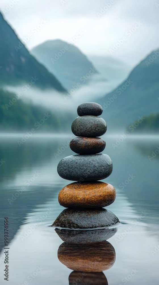 Balanced stones on serene lakeside with misty mountain background Balanced stones on serene lakeside with misty mountain background