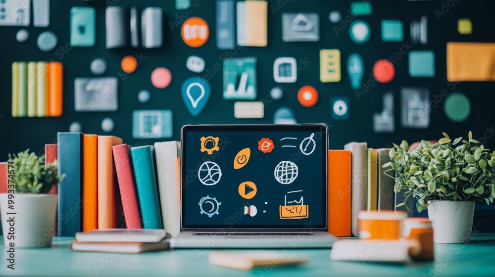 Laptop with Icons and Books. Laptop with Icons and Books.