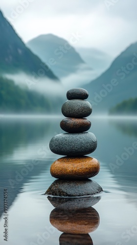 Balanced stones on serene lakeside with misty mountain background