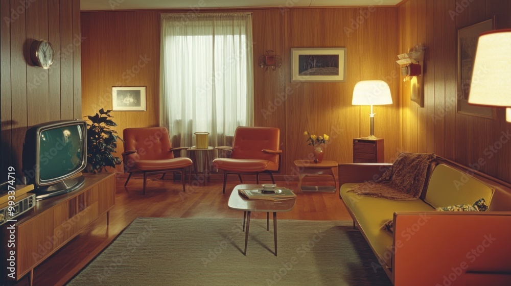 A retro living room with wood paneling, two armchairs, a couch, a television, and a lamp. A retro living room with wood paneling, two armchairs, a couch, a television, and a lamp.