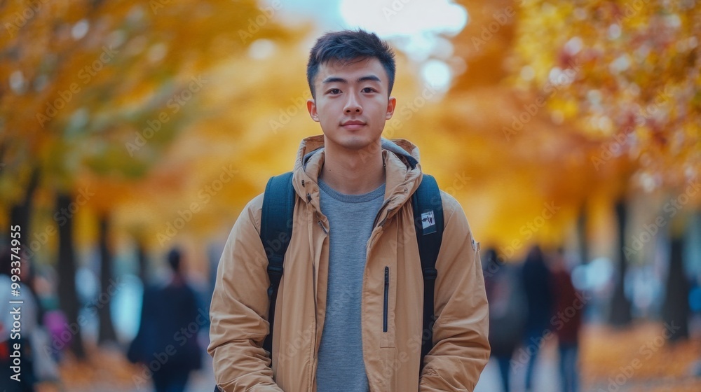 A young asian man wearing brown jacket poses confidently in a park filled with golden autumn leaves. The background features people walking leisurely, enjoying the seasonal beauty of the landscape. A young asian man wearing brown jacket poses confidently in a park filled with golden autumn leaves. The background features people walking leisurely, enjoying the seasonal beauty of the landscape.