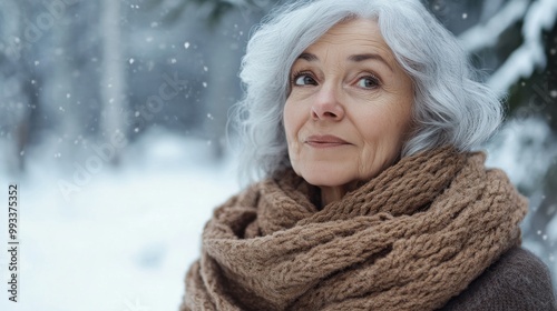 Portrait of a woman with gray hair wearing a brown knitted scarf in a snowy forest.