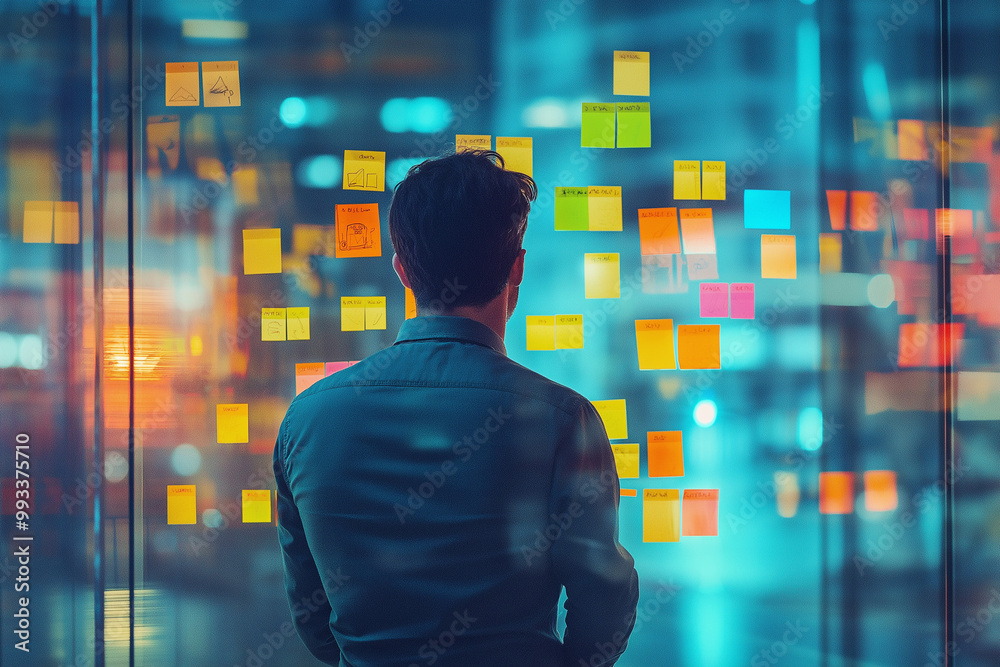 A person's back is to the viewer, looking at colorful sticky notes on a glass wall at night A person's back is to the viewer, looking at colorful sticky notes on a glass wall at night