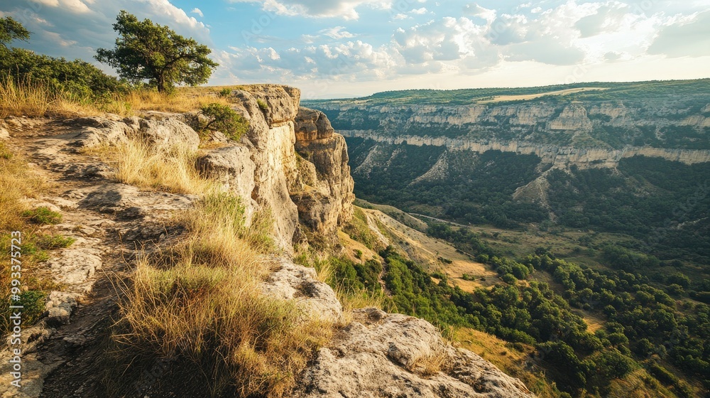 A cliffside trail overlooking a vast valley, with plenty of space for text in the open sky A cliffside trail overlooking a vast valley, with plenty of space for text in the open sky
