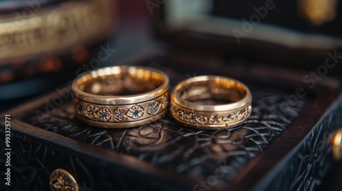 Two gold wedding bands on a casket. Gold wedding bands