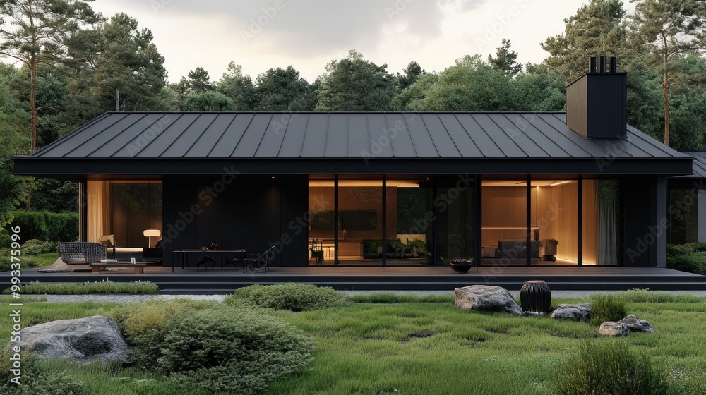 Modern black house with large windows and a patio in front of it. The patio has a table and chairs. The house is surrounded by trees. Modern black house with large windows and a patio in front of it. The patio has a table and chairs. The house is surrounded by trees.