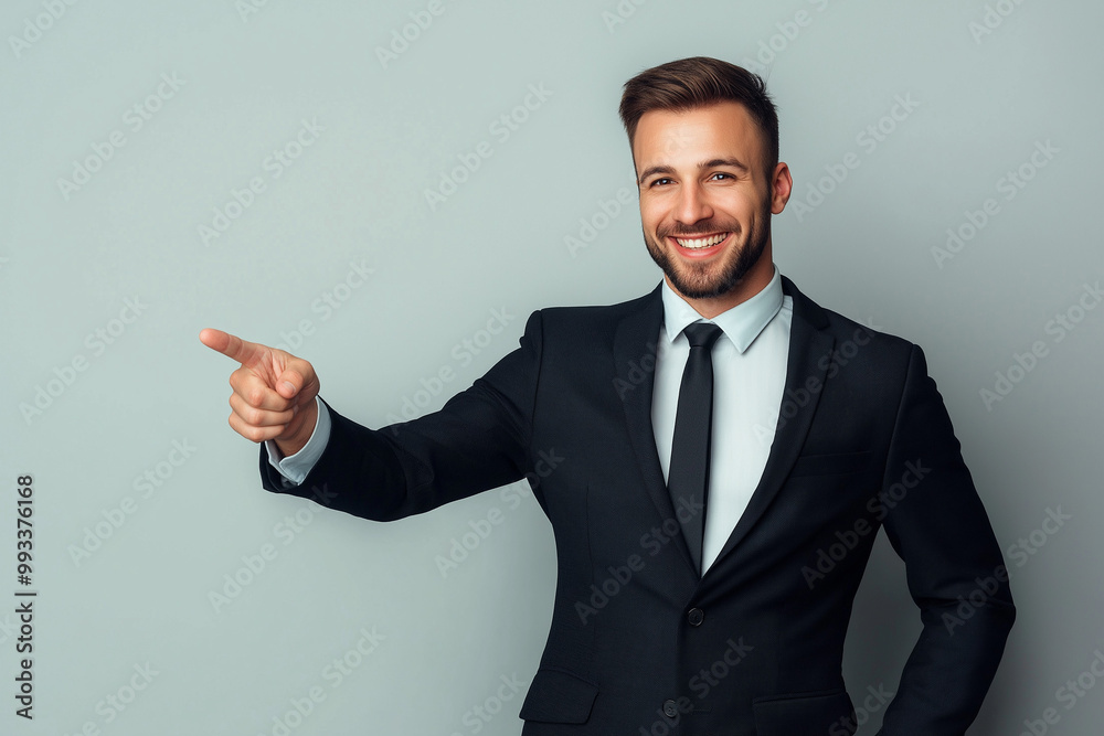 A man in a black suit is smiling and pointing to the right A man in a black suit is smiling and pointing to the right