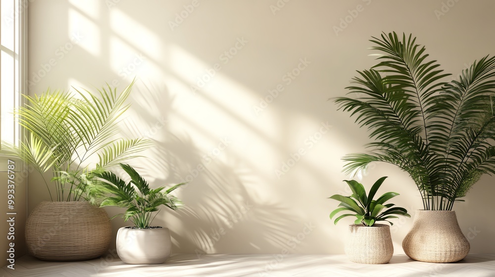 Lush green plants in stylish pots, illuminated by soft sunlight. Lush green plants in stylish pots, illuminated by soft sunlight.