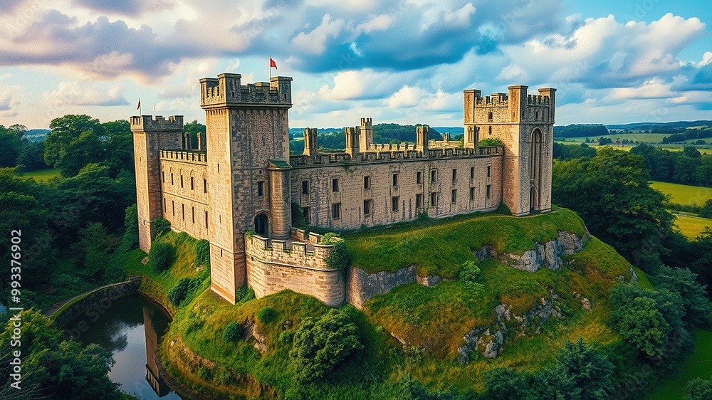 Obraz premium Ancient stone walls and towers rise imposingly from lush green surroundings, with a moat and intricate architecture blending seamlessly into the rolling Nottinghamshire landscape.