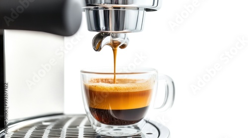 Espresso pouring into a glass cup with a crema on top.