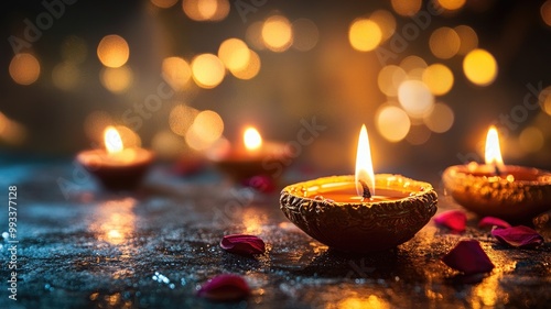 Decorative lamps lit for festive celebration with petals and bokeh lights in background