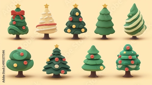 A colorful collection of whimsical Christmas trees, each uniquely decorated with ornaments, set against a soft beige background.