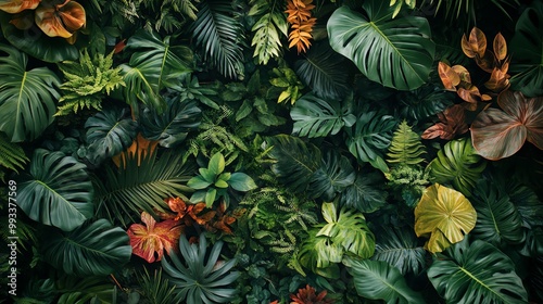 Lush green tropical leaves, diverse foliage, vibrant and textured background.