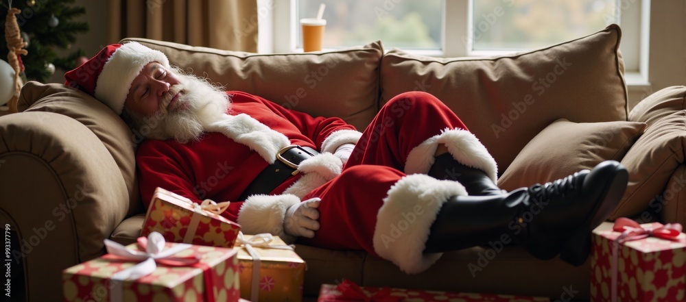 Fototapeta premium Santa napping amidst presents on the sofa