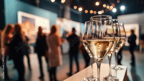 Close-up of wine glasses at art gallery event