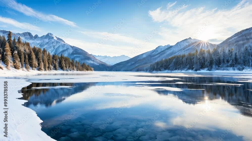 A winter landscape featuring a lake surrounded by snow-covered mountains and trees A winter landscape featuring a lake surrounded by snow-covered mountains and trees