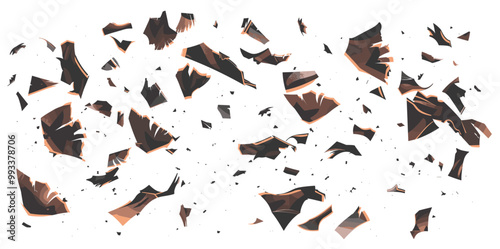 Charred burned paper scraps flying pieces vector illustration isolated on white background, torn paper fragments burning edges, ripped burnt paper shreds floating, burnt paper debris