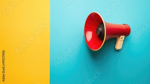 Red megaphone on vibrant yellow and blue background photo