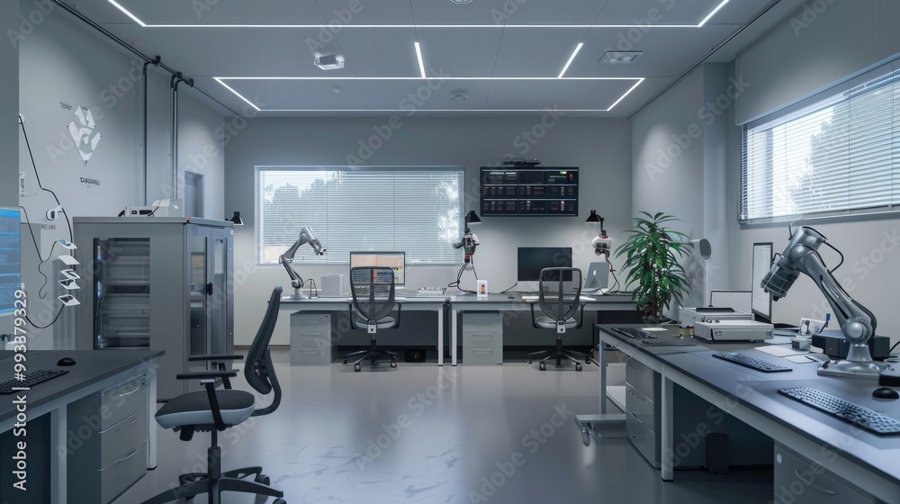 A well-equipped and organized office with a robotics lab and advanced automation A well-equipped and organized office with a robotics lab and advanced automation