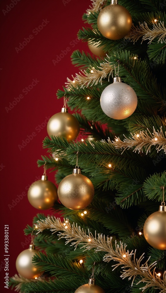 Fototapeta premium Golden and silver Christmas tree illuminated against a deep red backdrop