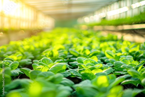 Green crops growing in greenhouse, representing sustainable agriculture and eco-friendly farming practices. Concept of organic produce, environmental responsibility, and modern farming technology photo