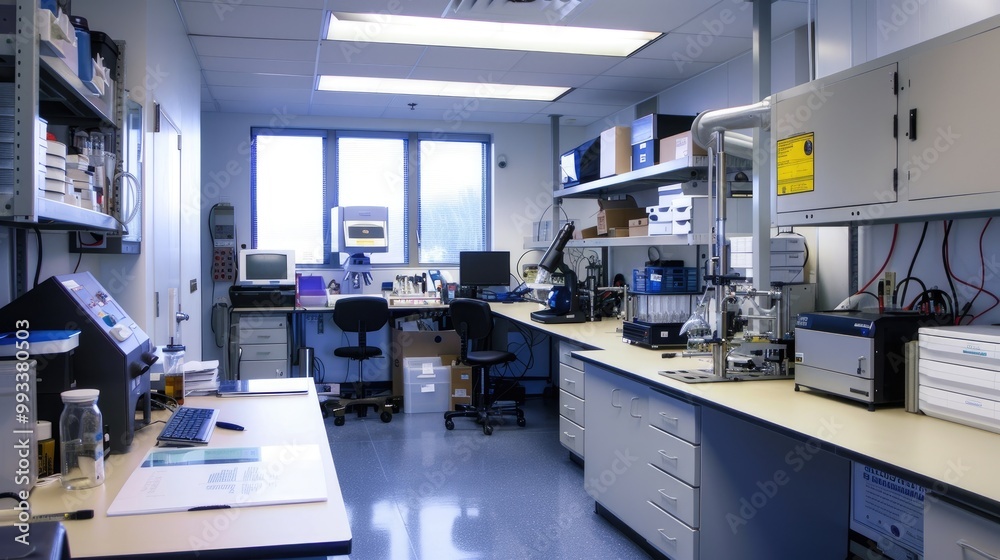 A well-equipped and organized office with a nanotechnology lab and atomic-scale engineering A well-equipped and organized office with a nanotechnology lab and atomic-scale engineering