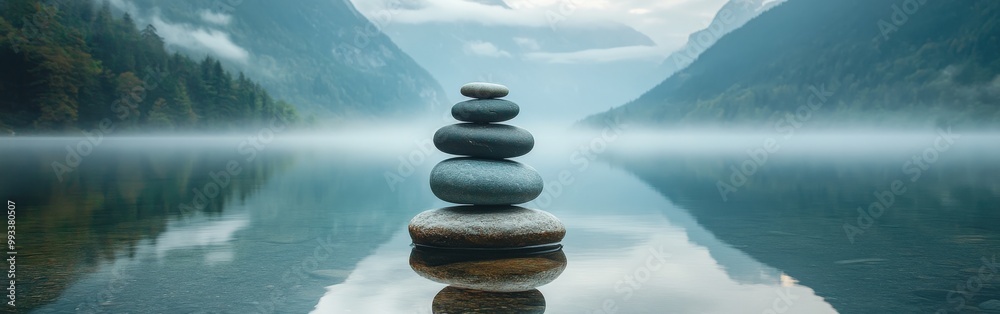 Balanced stones on serene lakeside with misty mountain background Balanced stones on serene lakeside with misty mountain background