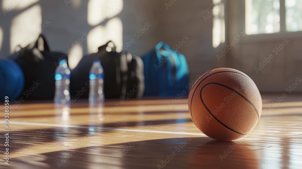 Detailed Ray Tracing Render of Basketball on Court with Shadows and Sports Gear Background, Anticipation Evoked Detailed Ray Tracing Render of Basketball on Court with Shadows and Sports Gear Background, Anticipation Evoked
