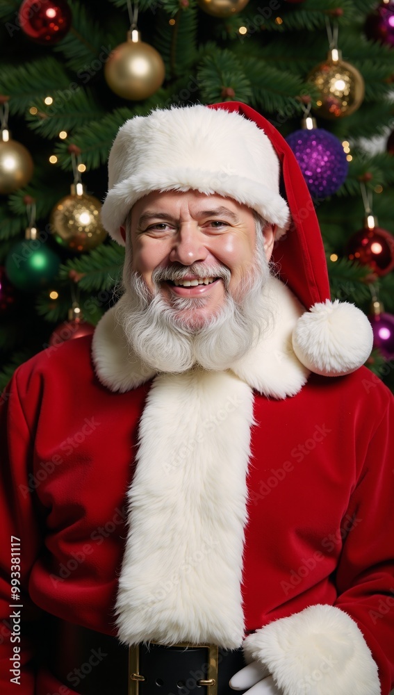 Santa Claus poses by a Christmas Tree Santa Claus poses by a Christmas Tree