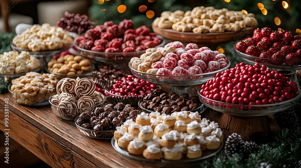 14. A festive table full of Christmas candies, decorated cookies, and holiday treats surrounded by holiday decorations and twinkling lights 14. A festive table full of Christmas candies, decorated cookies, and holiday treats surrounded by holiday decorations and twinkling lights