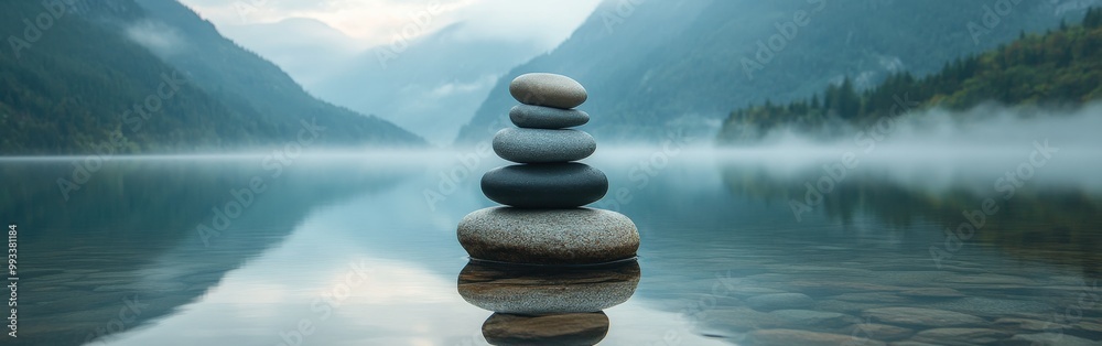 Balanced stones on serene lakeside with misty mountain background Balanced stones on serene lakeside with misty mountain background