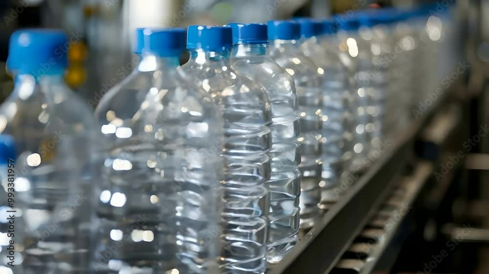 Production line with plastic bottles being manufactured in a factory. Industrial production and automation process Production line with plastic bottles being manufactured in a factory. Industrial production and automation process