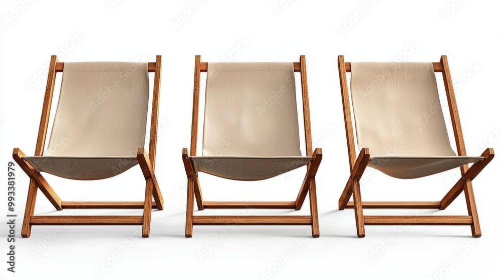 Three wooden deck chairs arranged in a row on white background Three wooden deck chairs arranged in a row on white background