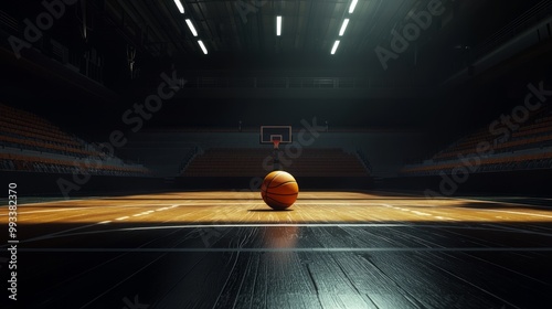 Intense Pre-Game Atmosphere: Empty Basketball Arena with Dramatic Ray Tracing Render