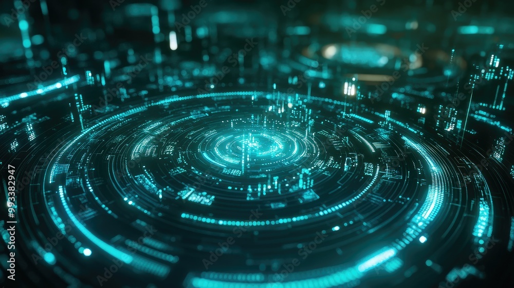 3D render of a cyber reactor powering a digital network, surrounded by abstract data streams. Glowing blue-green background for internet and AI technology