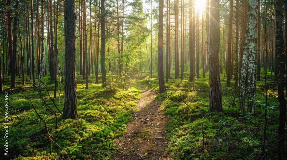 Tranquil forest path featuring towering trees, a lush green carpet of moss, and warm sunlight filtering through the leafy canopy. Tranquil forest path featuring towering trees, a lush green carpet of moss, and warm sunlight filtering through the leafy canopy.
