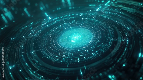 3D render of a cyber reactor powering a digital network, surrounded by abstract data streams. Glowing blue-green background for internet and AI technology