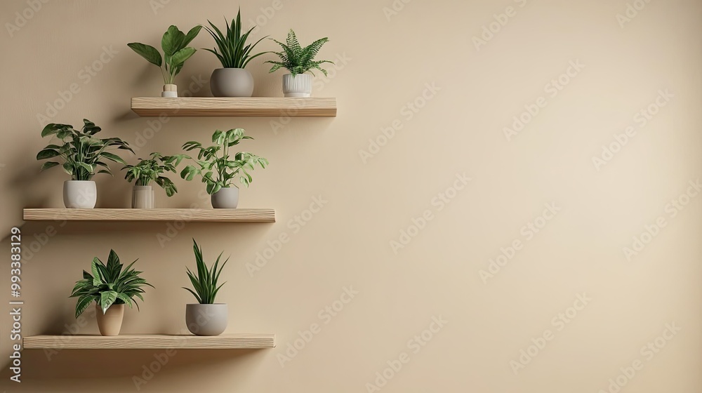 3D-rendered plant mockup for product presentations. Floating shelves with various green plants in a modern, minimalist studio with a beige backdrop 3D-rendered plant mockup for product presentations. Floating shelves with various green plants in a modern, minimalist studio with a beige backdrop