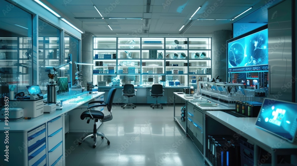 A well-equipped and organized office with a nanotechnology lab and atomic-scale engineering A well-equipped and organized office with a nanotechnology lab and atomic-scale engineering