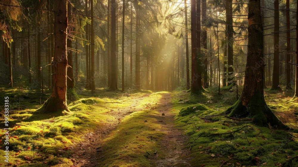 Obraz premium A serene forest trail with majestic tall trees, a vibrant carpet of moss beneath, and sunlight streaming through the leaves in soft beams.