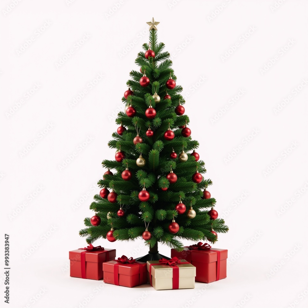 Christmas tree adorned with red ornaments and gifts against a white backdrop with ample space for text Christmas tree adorned with red ornaments and gifts against a white backdrop with ample space for text
