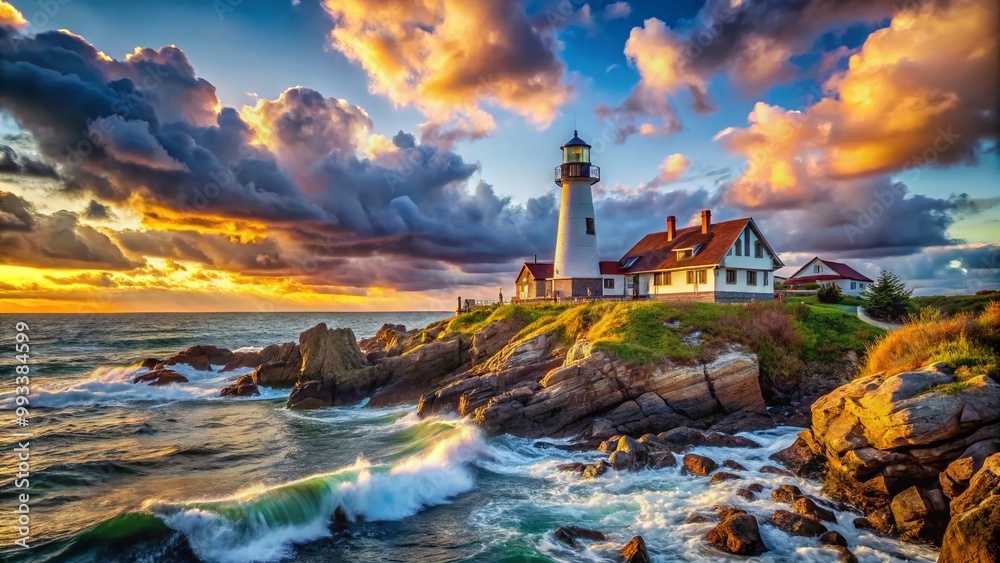 Majestic Marginal Way Lighthouse Overlooking Rocky Coastline with Dramatic Skies and Waves Crashing Majestic Marginal Way Lighthouse Overlooking Rocky Coastline with Dramatic Skies and Waves Crashing