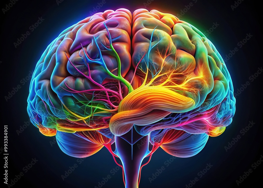 The human brain's distinct lobes, including frontal, parietal, temporal, and occipital areas, are showcased in a colorful and intricate illustration of neural pathways and structure. The human brain's distinct lobes, including frontal, parietal, temporal, and occipital areas, are showcased in a colorful and intricate illustration of neural pathways and structure.