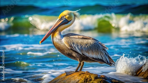 The majestic pelican with its overpowering aroma and characteristically webbed feet stretches its wings on the sun-kissed coast, grooming its feathers with meticulous care. photo